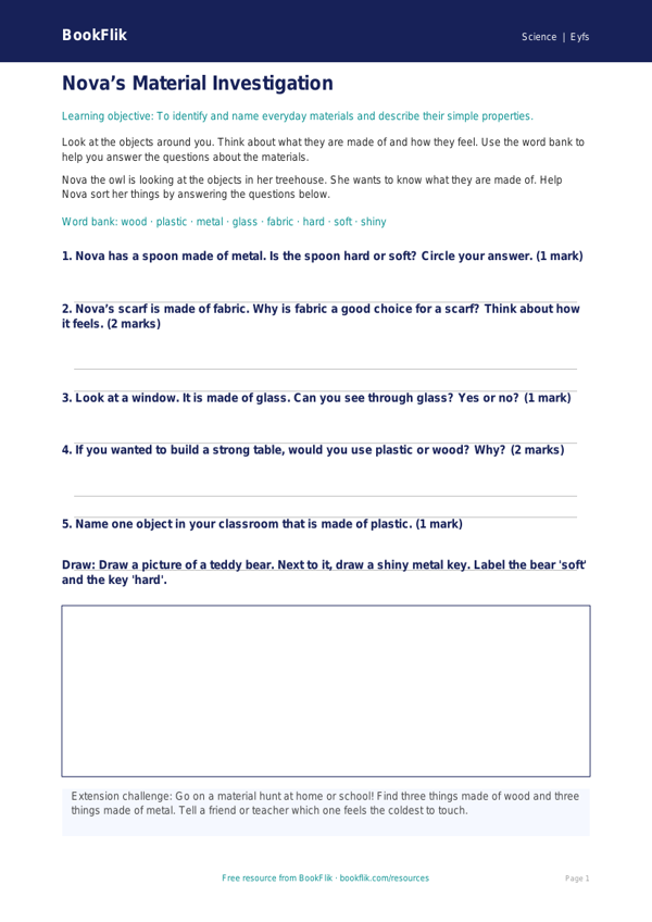 Free Everyday Materials Worksheet | Foundation | Science | BookFlik worksheet preview — Science Everyday Materials
