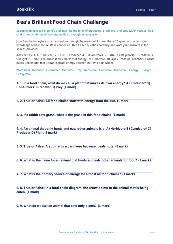 Free Food Chains Quiz | Year 4 | Science | BookFlik worksheet preview — Science Food Chains