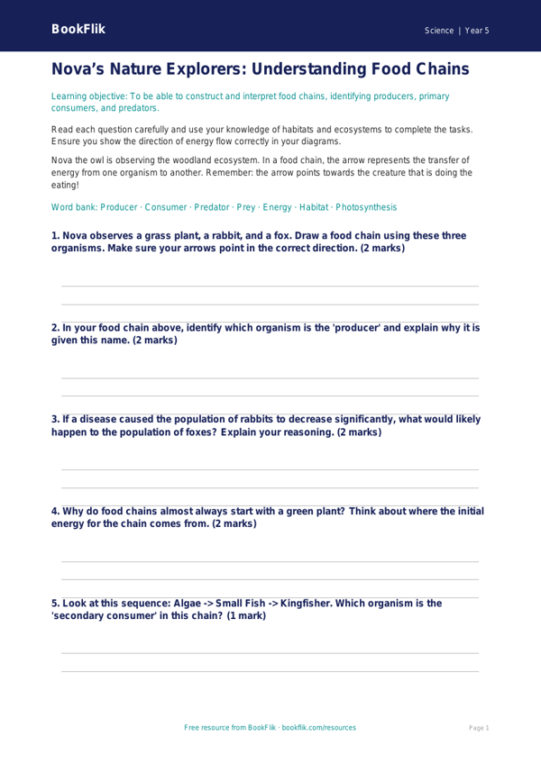 Free Food Chains Worksheet | Year 5 | Science | BookFlik worksheet preview — Science Food Chains