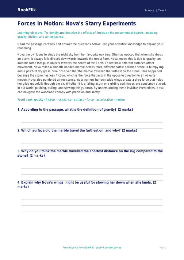Free Forces Comprehension | Year 4 | Science | BookFlik worksheet preview — Science Forces