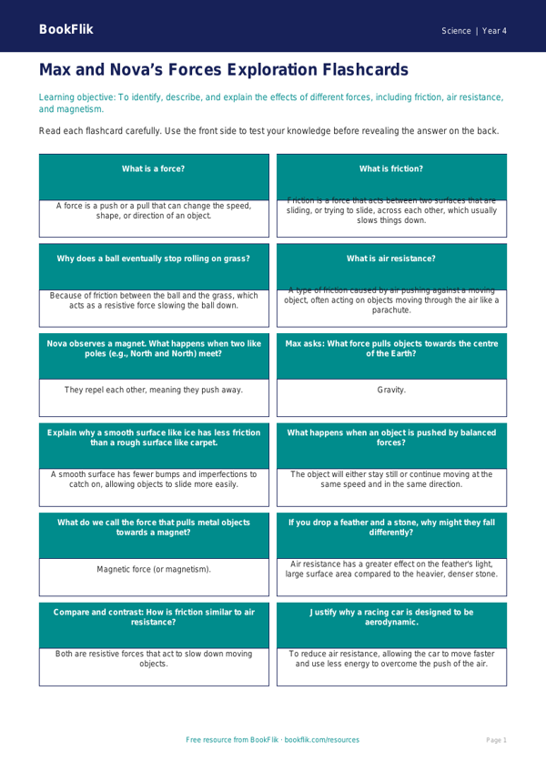 Free Forces Flashcards | Year 4 | Science | BookFlik worksheet preview — Science Forces
