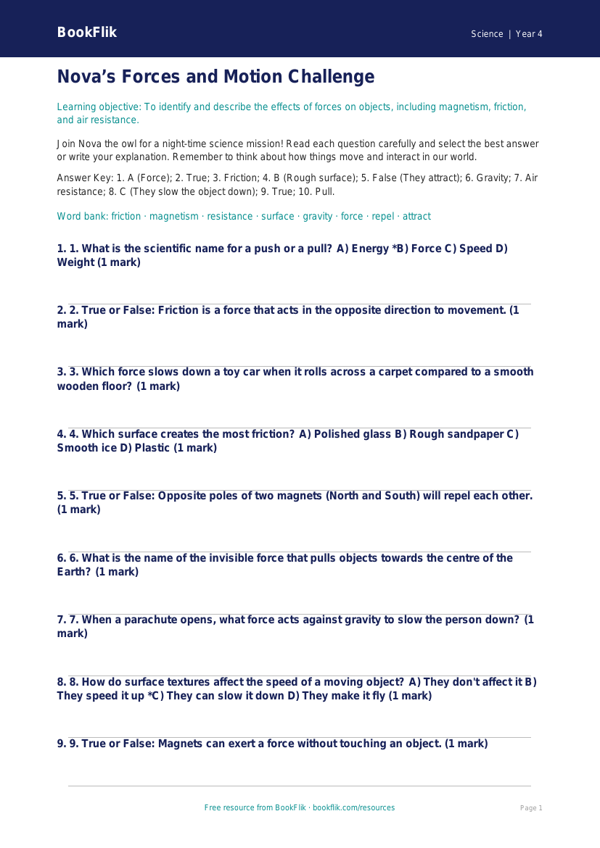 Science forces quiz year 4 greater depth worksheet preview — Science Forces