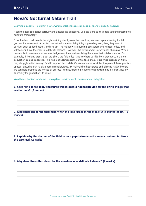 Free Habitats Comprehension | Year 4 | Science | BookFlik worksheet preview — Science Habitats