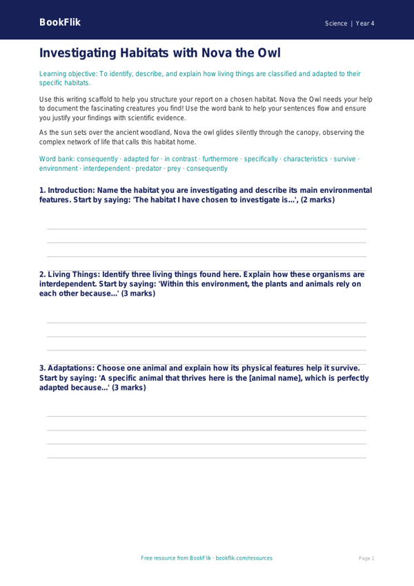 Science habitats writing frame year 4 greater depth worksheet preview — Science Habitats