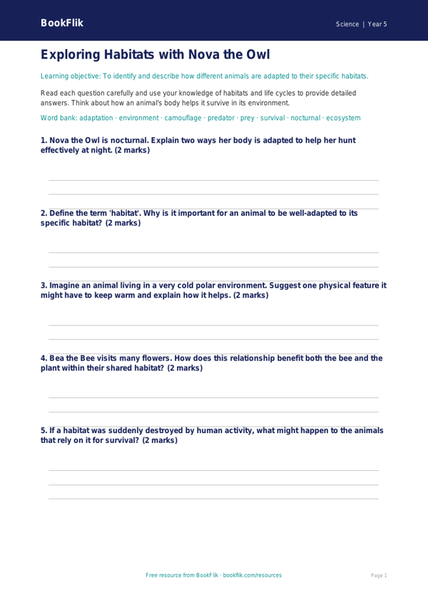 Free Habitats Worksheet | Year 5 | Science | BookFlik worksheet preview — Science Habitats