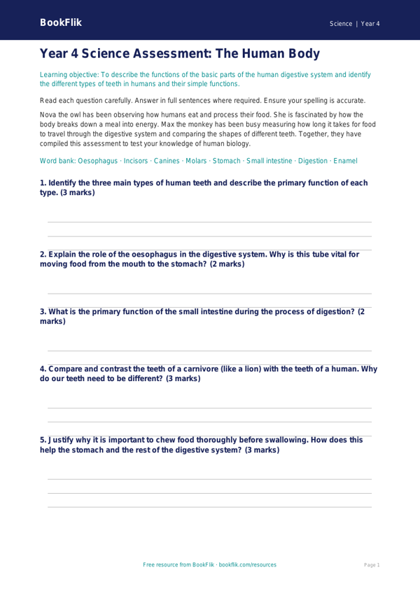 Human Body Assessment Year 4 | Science Greater Depth | BookFlik worksheet preview — Science Human Body