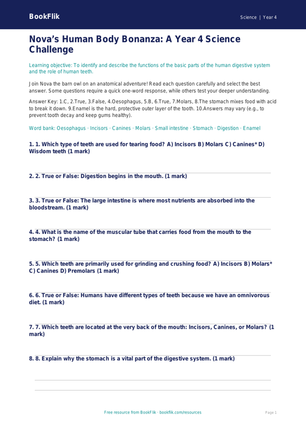 Human Body Quiz: Year 4 Science Challenge | BookFlik worksheet preview — Science Human Body