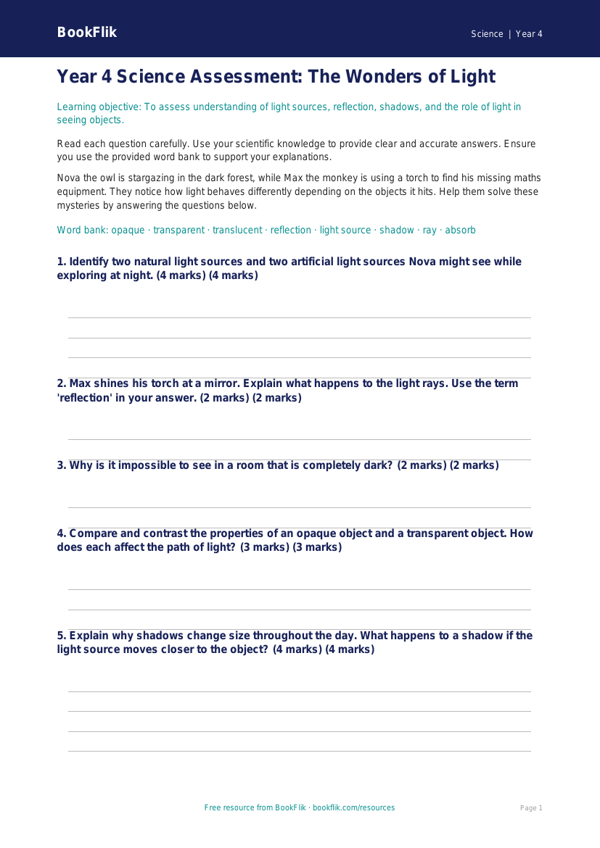 Free Light Assessment | Year 4 | Science | BookFlik worksheet preview — Science Light
