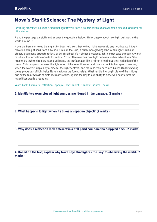 Free Light Comprehension | Year 4 | Science | BookFlik worksheet preview — Science Light