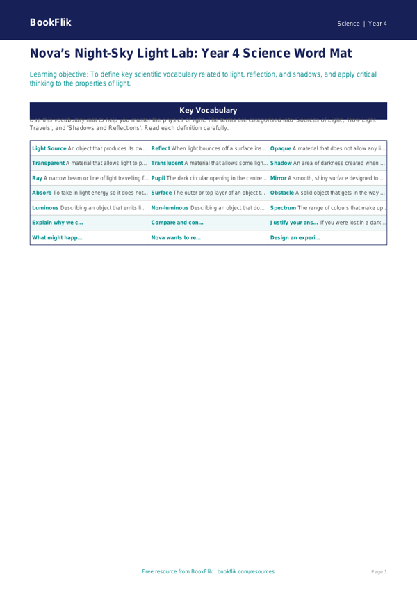 Science light word mat year 4 greater depth worksheet preview — Science Light