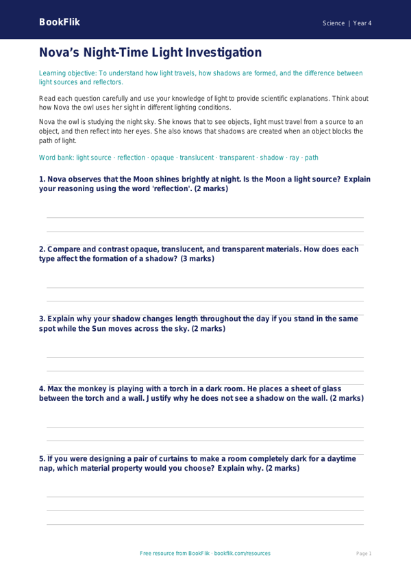 Free Light Worksheet | Year 4 | Science | BookFlik worksheet preview — Science Light