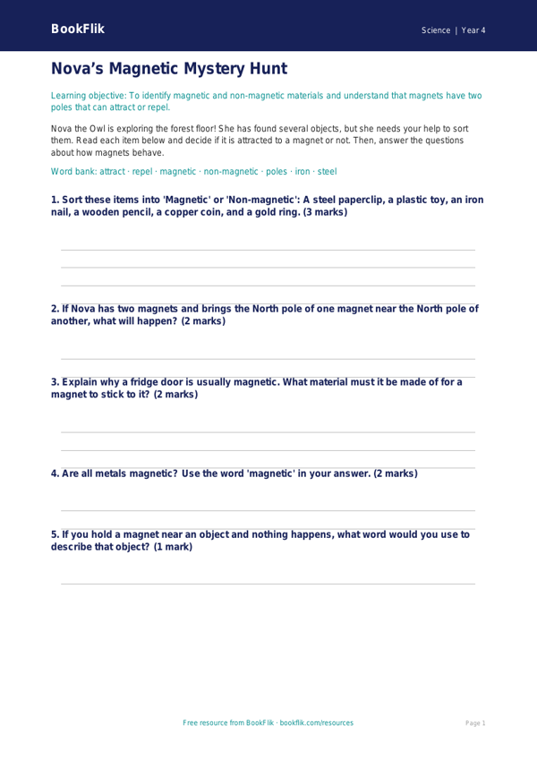 Free Magnets Activity Sheet | Year 4 | Science | BookFlik worksheet preview — Science Magnets