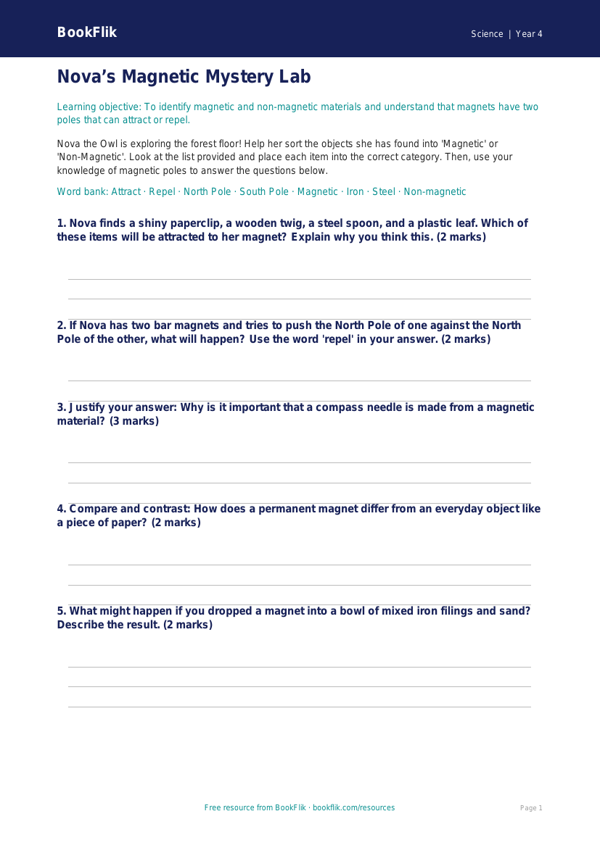 Free Magnets Activity Sheet | Year 4 | Science | BookFlik worksheet preview β Science Magnets