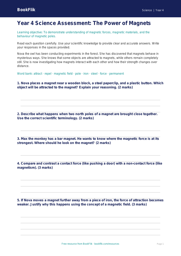 Free Magnets Assessment | Year 4 | Science | BookFlik worksheet preview — Science Magnets