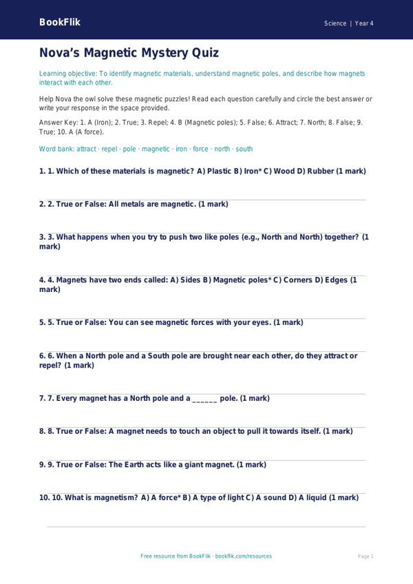 Free Magnets Quiz | Year 4 | Science | BookFlik worksheet preview — Science Magnets