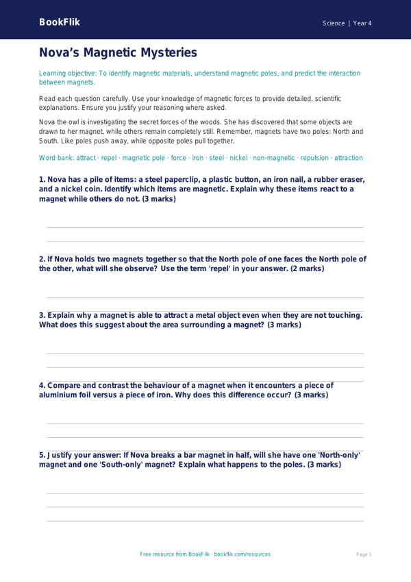 Free Magnets Worksheet | Year 4 | Science | BookFlik worksheet preview — Science Magnets