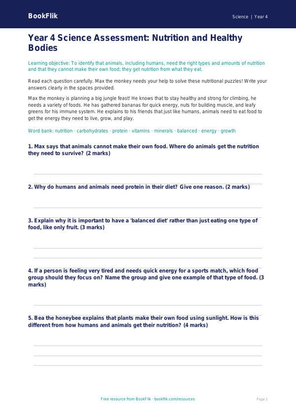 Free Nutrition Assessment | Year 4 | Science | BookFlik worksheet preview — Science Nutrition