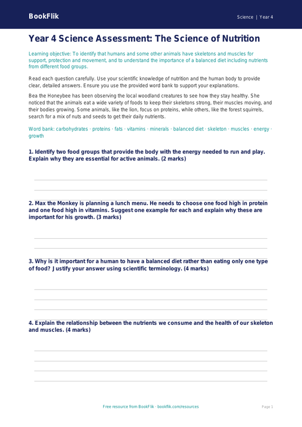 Nutrition Assessment Year 4 | Science | Australian Curriculum worksheet preview — Science Nutrition