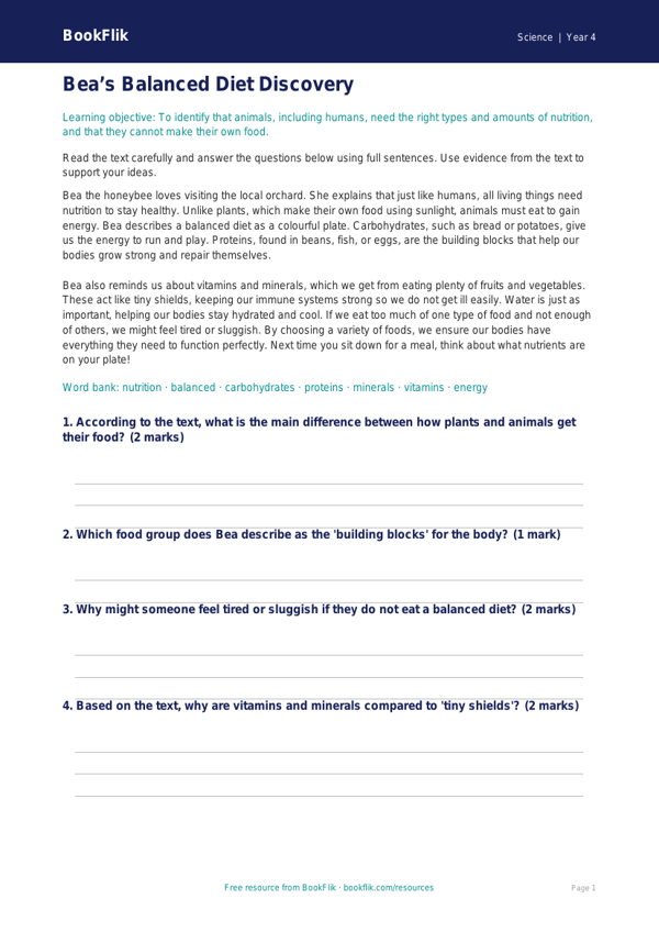 Science nutrition comprehension year 4 core worksheet preview — Science Nutrition