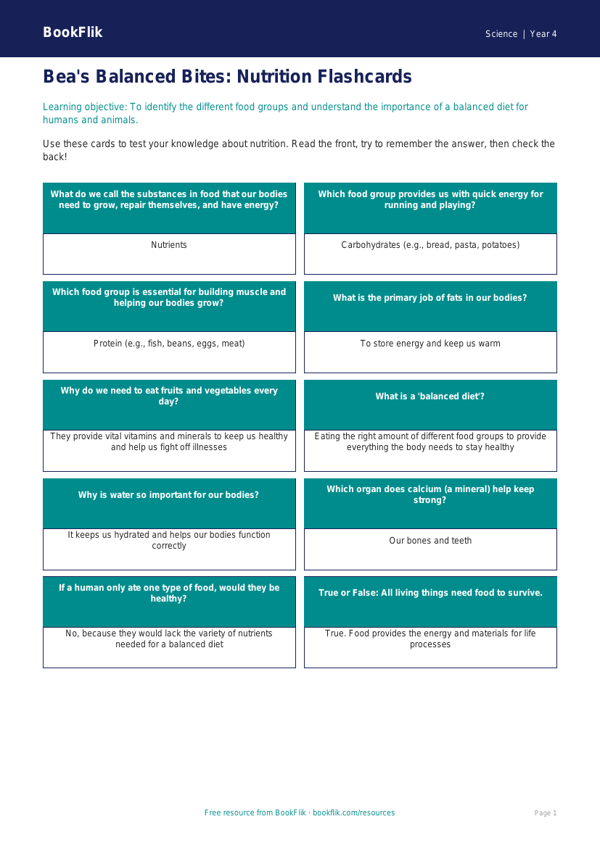 Nutrition Flashcards for Year 4 Science | Australian Curriculum worksheet preview — Science Nutrition