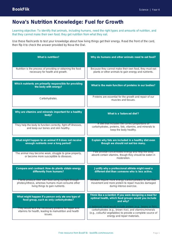 Free Nutrition Flashcards | Year 4 | Science | BookFlik worksheet preview โ Science Nutrition