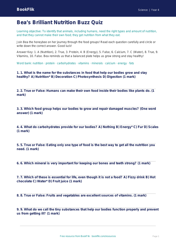 Science nutrition quiz year 4 core worksheet preview — Science Nutrition