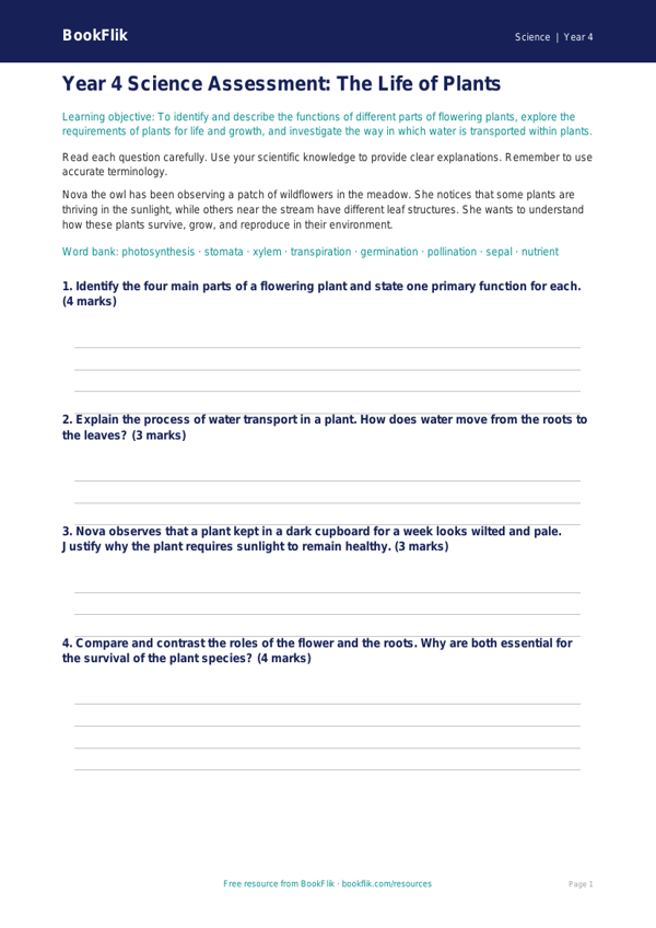 Free Plants Assessment | Year 4 | Science | BookFlik worksheet preview — Science Plants