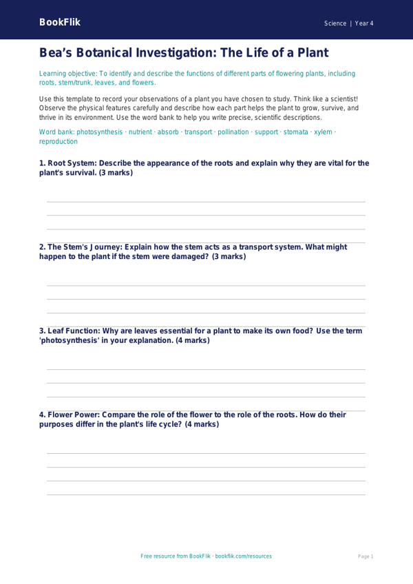 Free Plants Template | Year 4 | Science | BookFlik worksheet preview — Science Plants