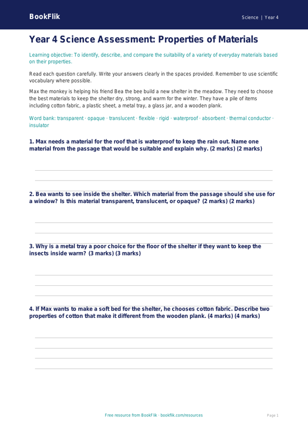 Free Properties Of Materials Assessment | Year 4 | Science | BookFlik worksheet preview — Science Properties Of Materials