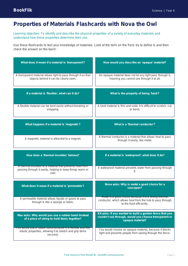 Free Properties Of Materials Flashcards | Year 4 | Science | BookFlik worksheet preview — Science Properties Of Materials