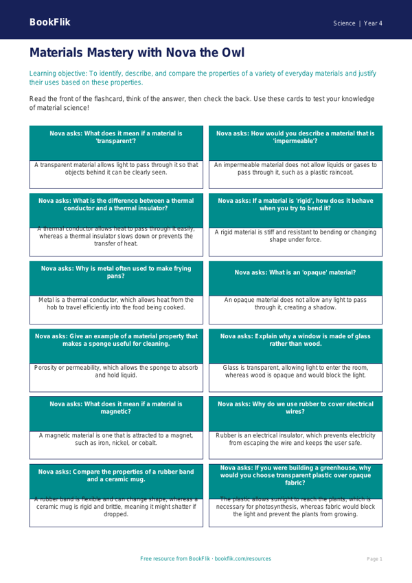 Free Properties Of Materials Flashcards | Year 4 | Science | BookFlik worksheet preview — Science Properties Of Materials
