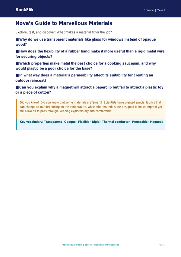Free Properties Of Materials Poster | Year 4 | Science | BookFlik worksheet preview — Science Properties Of Materials