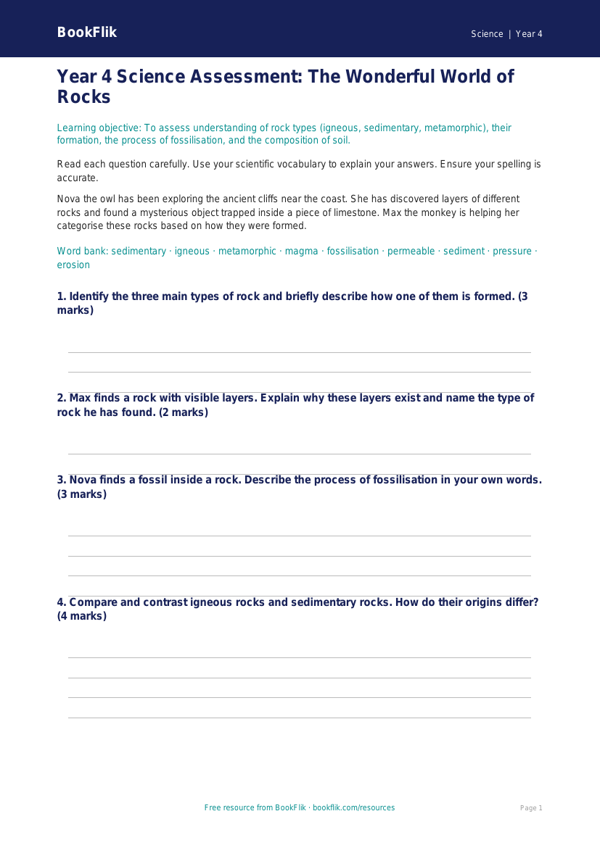 Free Rocks Assessment | Year 4 | Science | BookFlik worksheet preview — Science Rocks