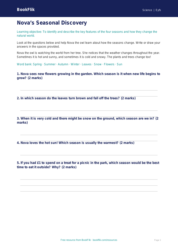 Free Seasonal Changes Worksheet | Foundation | Science | BookFlik worksheet preview — Science Seasonal Changes