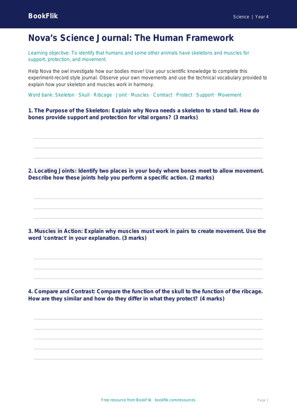 Free Skeleton And Muscles Template | Year 4 | Science | BookFlik worksheet preview โ Science Skeleton And Muscles