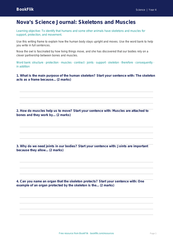 Free Skeleton And Muscles Writing Frame | Year 4 | Science | BookFlik worksheet preview — Science Skeleton And Muscles
