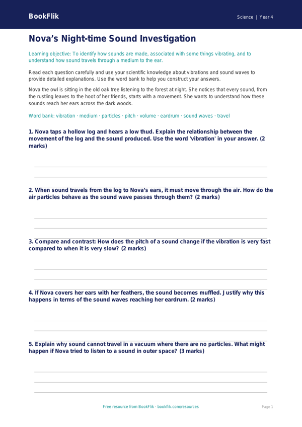 Free Sound Worksheet | Year 4 | Science | BookFlik worksheet preview — Science Sound