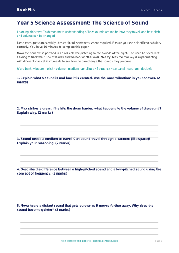 Free Sound Assessment | Year 5 | Science | BookFlik worksheet preview — Science Sound