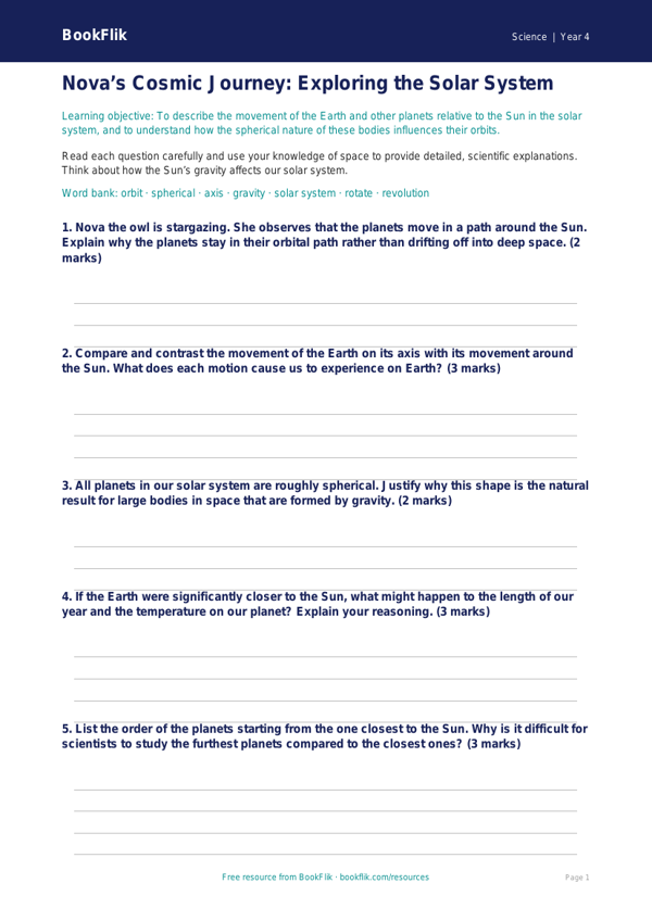 Free Space Worksheet | Year 4 | Science | BookFlik worksheet preview — Science Space