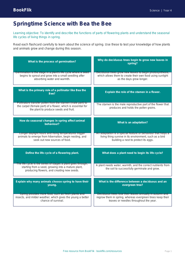 Free Spring Science Flashcards | Year 4 | Science | BookFlik worksheet preview — Science Spring Science