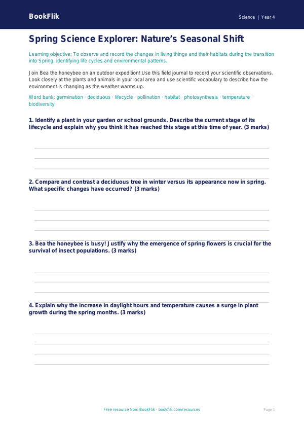 Science spring science template year 4 greater depth worksheet preview — Science Spring Science