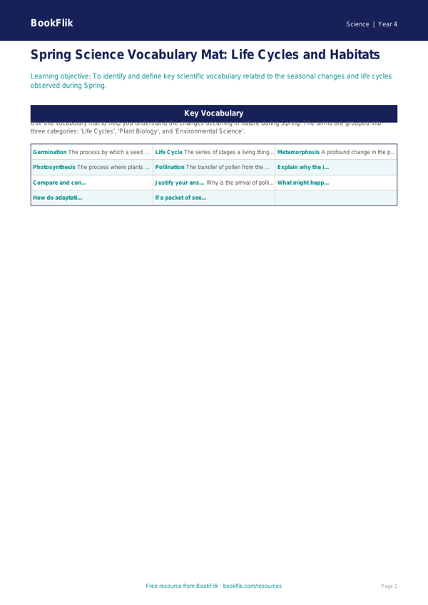 Free Spring Science Word Mat | Year 4 | Science | BookFlik worksheet preview — Science Spring Science