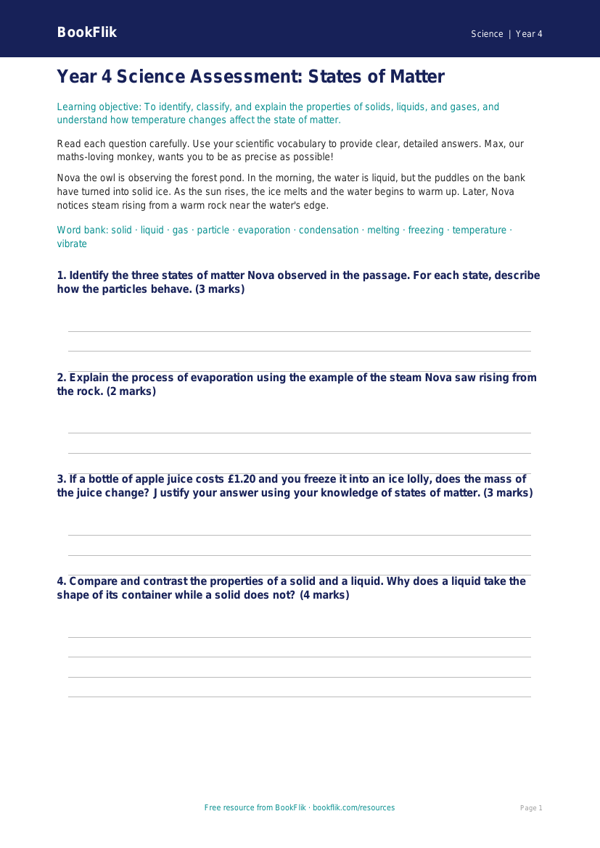 Free States Of Matter Assessment | Year 4 | Science | BookFlik worksheet preview — Science States Of Matter