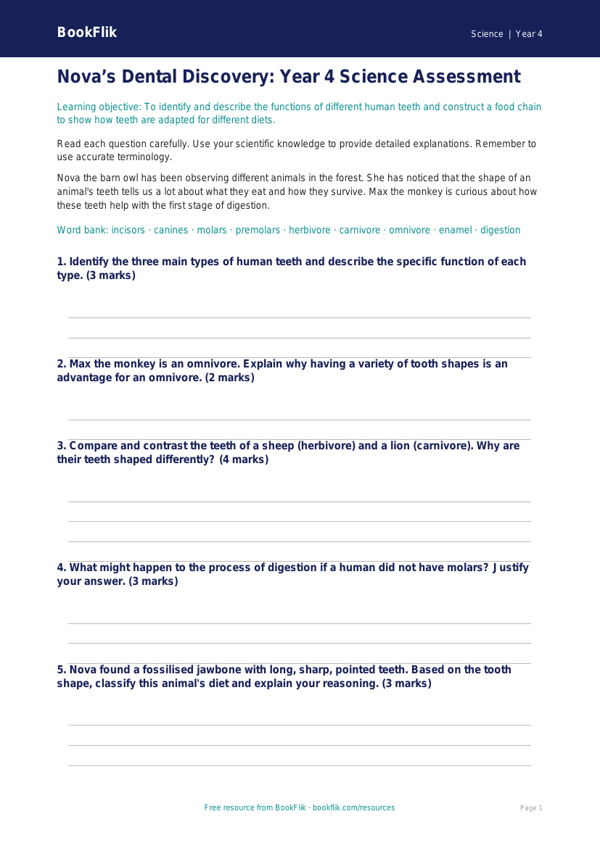 Teeth Assessment Year 4 Science | Greater Depth | BookFlik worksheet preview — Science Teeth