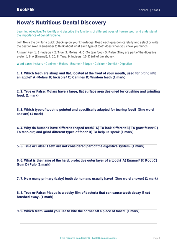 Free Teeth Quiz | Year 4 | Science | BookFlik worksheet preview — Science Teeth