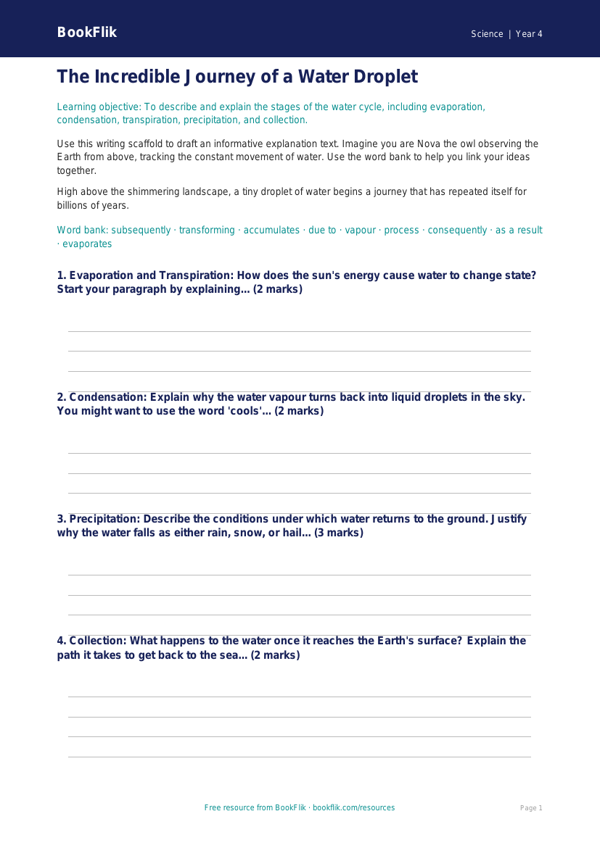 Free Water Cycle Writing Frame | Year 4 | Science | BookFlik worksheet preview — Science Water Cycle