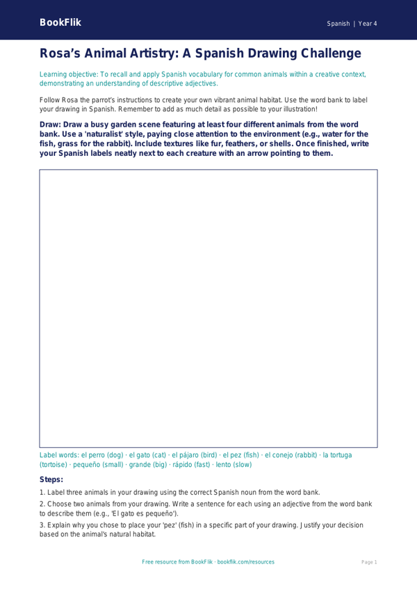 Spanish Animals Drawing Sheet | Year 4 | Australian Curriculum worksheet preview — Spanish Animals