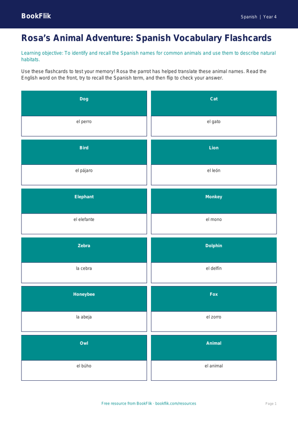 Spanish Animals Flashcards | Year 4 Australian Curriculum | BookFlik worksheet preview — Spanish Animals