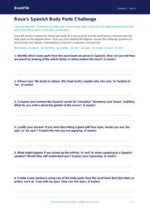 Spanish Body Parts Activity Sheet | Year 4 Science & Language | BookFlik