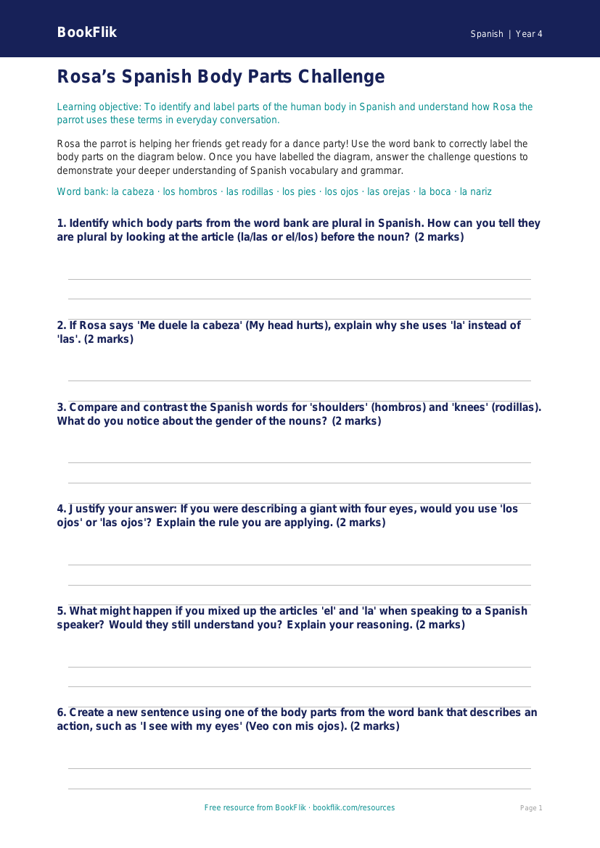 Spanish Body Parts Activity Sheet | Year 4 Science & Language | BookFlik worksheet preview — Spanish Body Parts